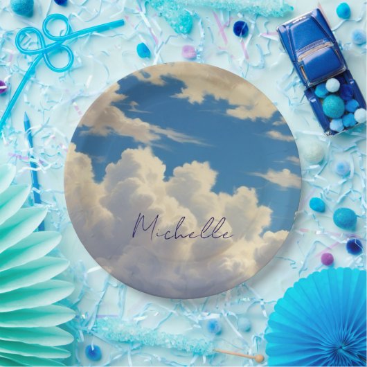 Clouds Blue Sky Schlicht Modern Name Kalligrafie Pappteller (Party)