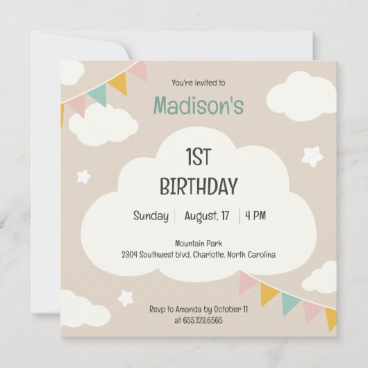 Clouds party flags baby first birthday invitation einladung (Vorderseite)