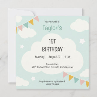 Clouds party flags baby first birthday invitation einladung