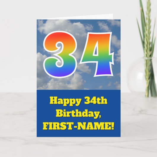 Cloudy Blue Sky, Regenbogenmuster "34" Geburtstag Karte (Vorderseite)