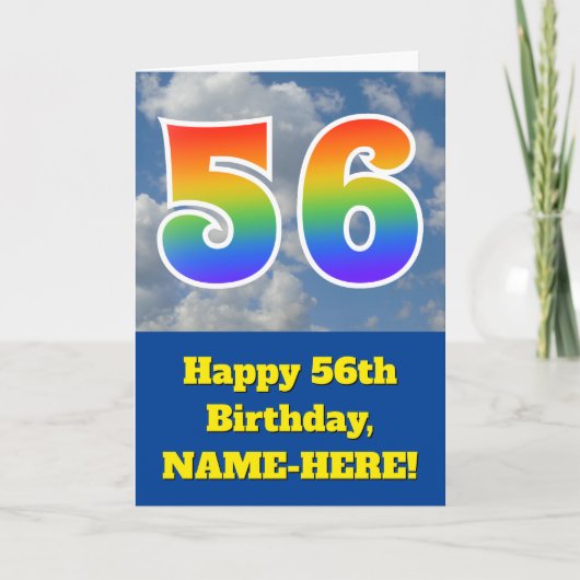 Cloudy Blue Sky, Regenbogenmuster "56" Geburtstag Karte (Vorderseite)