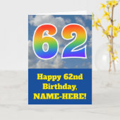 Cloudy Blue Sky, Regenbogenmuster "62" Geburtstag  Karte (Gelbe Blume)