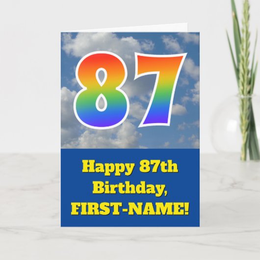 Cloudy Blue Sky, Regenbogenmuster "87" Geburtstag Karte (Vorderseite)