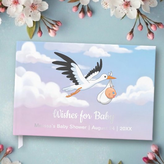 Cloudy Sky Stork Baby Shower Foil Gästebuch