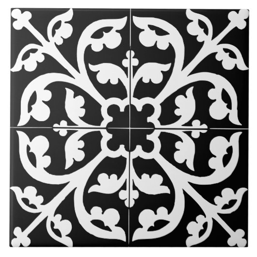 Clover Flower Floral Abstract Black & White Fliese (Vorderseite)