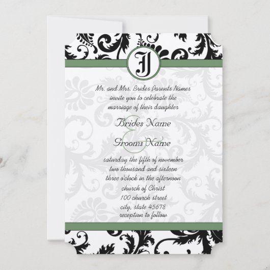 Clover Green Damask Wirbel Hochzeitsfeier Einladung (Vorderseite)