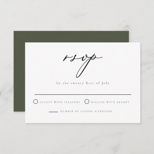 CLOVER Green Minimalistisch Script Wedding RSVP Ca Einladung (Vorne/Hinten)