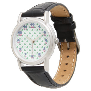 Clover-Muster-Schwarze-Lederuhr-mit-klassischem-De Armbanduhr