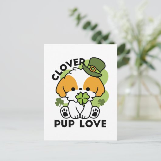 Clover Pup Liebe - St. Patrick's Day Dog Design Postkarte (Stehend Vorderseite)