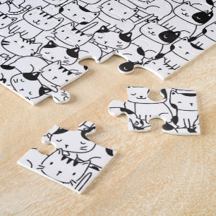 Clowder Cats - Niedliches Muster in Schwarz-weiß Puzzle