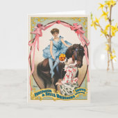 Clown, der einer Frau Blume auf dem Pferd übergibt Karte (Gelbe Blume)