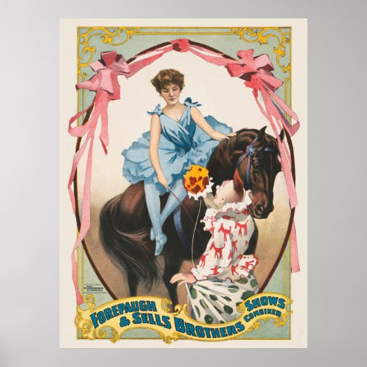 Clown, der einer Frau Blume auf dem Pferd übergibt Poster (Vorne)