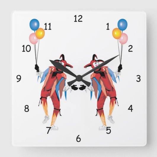 Clown Jester mit Balloons Wall Clock Quadratische Wanduhr (Vorderseite)
