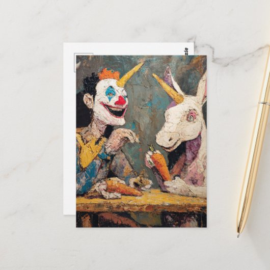 Clown mit Einhorn Postkarte (Vorderseite/Rückseite Beispiel)