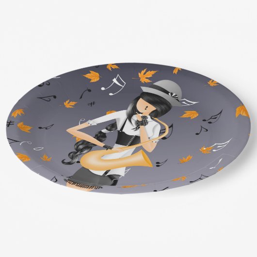 Clown Saxophonist Golden Blätter Pappteller (Schrägansicht)