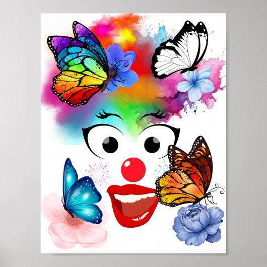 Clown, Schmetterlinge und Pastellfarben Poster (Vorne)