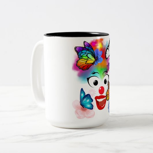 Clown, Schmetterlinge und Pastellfarben Zweifarbige Tasse (Vorderseite Links)