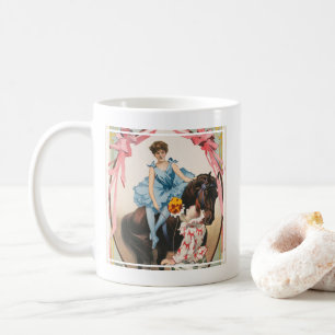 Clown überreicht einer Frau auf einem Pferd Blumen Kaffeetasse