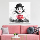 Clown und Rose - Romantische Schwarz-weiße Malerei Leinwanddruck (Insitu (Wohnzimmer))