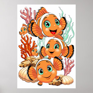 Clownfisch Cartoon süß Familie Unterwasser Poster
