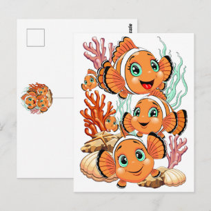 Clownfisch Cartoon süß Familie Unterwasser Postkarte