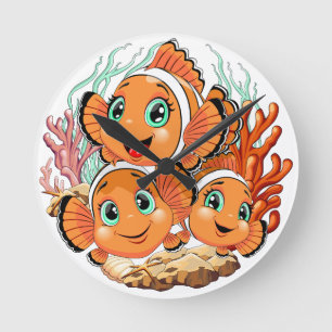 Clownfisch Cartoon süß Familie Unterwasser Runde Wanduhr