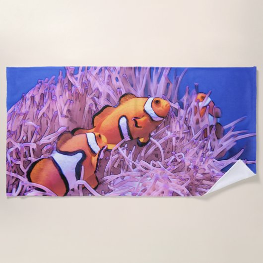 Clownfisch mit Meeresanemon in einem blauen Ozean Strandtuch (Vorderseite)