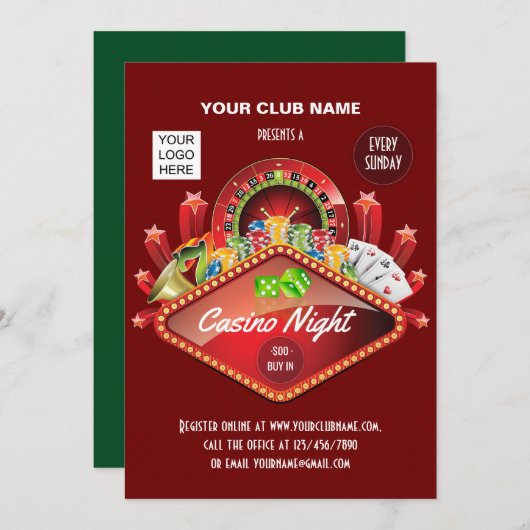Club Casino Night Party personalisierte Einladung (Vorne/Hinten)