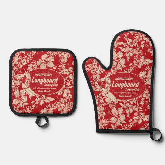 Clubsurfing Longboard Logo Hibiskus Hawaiian Red Ofenhandschuh & Topflappen-Set (Vorderseite)