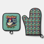 Cluckin' Good Time Funny Chicken Illustration Ofenhandschuh & Topflappen-Set (Vorderseite)