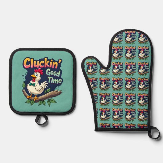 Cluckin' Good Time Funny Chicken Illustration Ofenhandschuh & Topflappen-Set (Vorderseite)