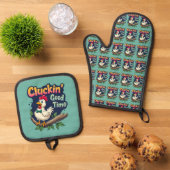 Cluckin' Good Time Funny Chicken Illustration Ofenhandschuh & Topflappen-Set (Oben Unten)