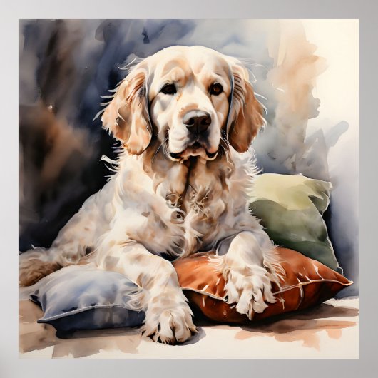 Clumber Spaniel Lounges auf Kissen Ink Portrait Poster (Vorne)