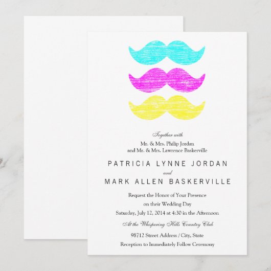 CMY Mustaches (Letterpress style) Einladung (Vorne/Hinten)