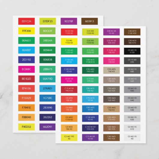 CMYK- und Hex-Code-Farbbeispiele (Vorne/Hinten)