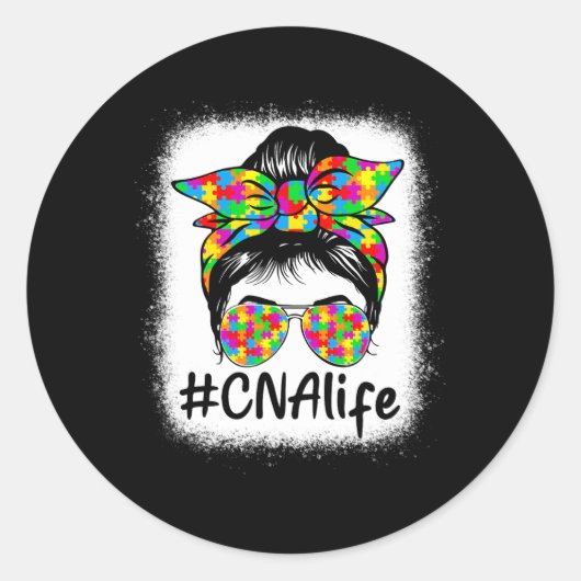 Cna Certified Nursing Istant Messy Bun Autism Awar Runder Aufkleber (Vorderseite)