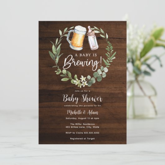 Co-ed Baby Shower Baby ist Brewing Einladung (Stehend Vorderseite)