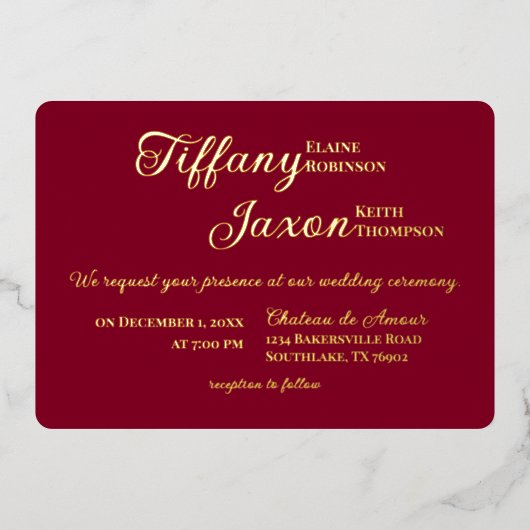 Co-Starring Burgundy Wedding Real Folieneinladung (Vorderseite)