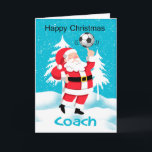 Coach Soccer / Fußball Weihnachtskarte Feiertagskarte<br><div class="desc">Ein Jolle Santa,  der seinen Fußball auf den Finger dreht,  es gibt immer Zeit für Fußball,  Spaß-Urlaubskarte für den Sportliebhaber</div>