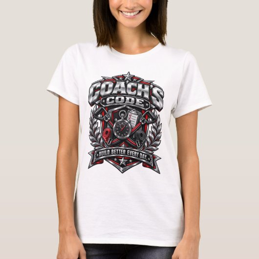 Coach's Code Metallic Fitness Emblem Logo Design T-Shirt (Vorderseite)