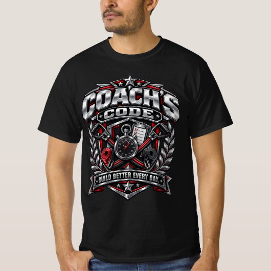 Coach's Code Metallic Fitness Emblem Logo Design T-Shirt (Vorderseite)