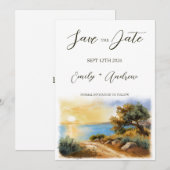Coast Watercolor Sunset Mediterranean Half Wedding Save The Date (Vorne/Hinten)