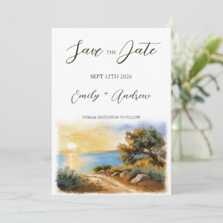 Coast Watercolor Sunset Mediterranean Half Wedding Save The Date