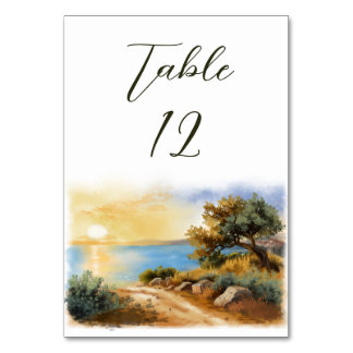 Coast Watercolor Sunset Mediterranean Wedding Tischnummer