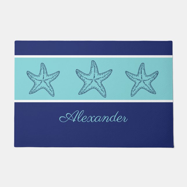 Coasta Moderner Navy Aquamariner Monogram Starfish Fußmatte (Vorderseite)