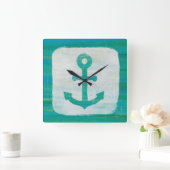 Coastal Art | Aqua Anchor Quadratische Wanduhr (Zuhause)