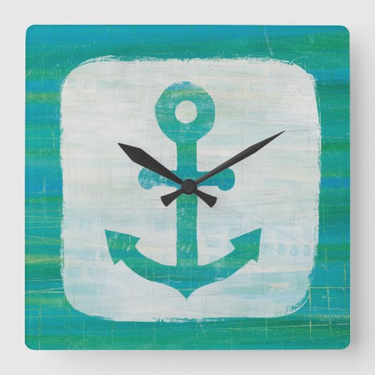 Coastal Art | Aqua Anchor Quadratische Wanduhr (Vorderseite)