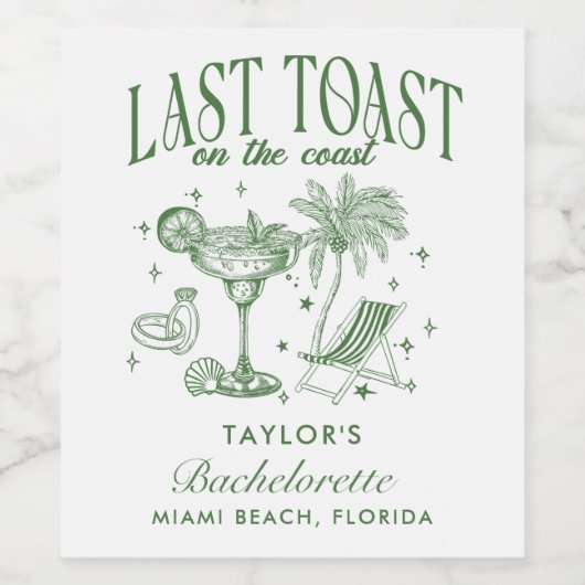 Coastal Bachelorette Moderner Cocktail Party Grün Weinetikett (Einzelnes Label)