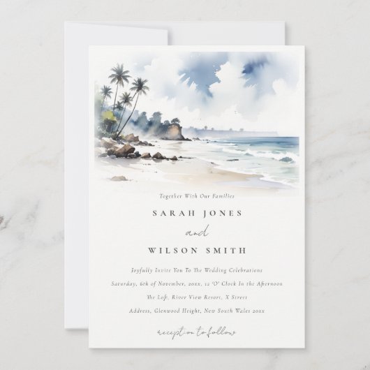 Coastal Bali Beach Palm Tree Hochzeit Wasserfarbe Einladung (Vorderseite)