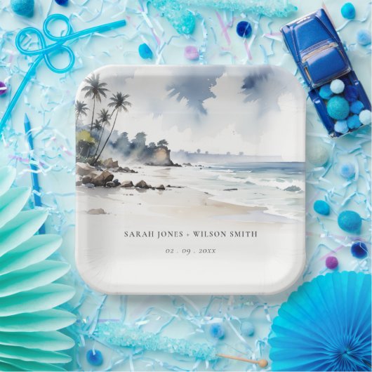 Coastal Bali Beach Palm Tree Hochzeit Wasserfarbe Pappteller (Party)